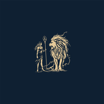 Hand drawn engraving style illustration of a fantasy warrior woman holding a trident standing next to a majestic roaring lion