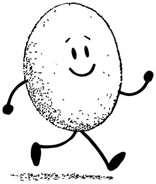 Friendly chia seed character running with smile oval shape black and white illustration food health nutrition concept isolated on white background