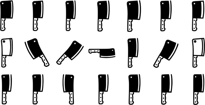 Food and Culinary Industry Cleavers Glyph Icons Set: Black and White Solid Butcher Knives and Choppers for Kitchen, Meat Preparation, and Cooking Tools