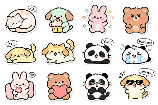 Cute cartoon animals stickers with expressions and actions on white background including cat dog rabbit bear panda