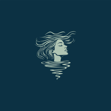 Hand drawn vector illustration of a beautiful woman face with closed eyes floating in calm water waves.