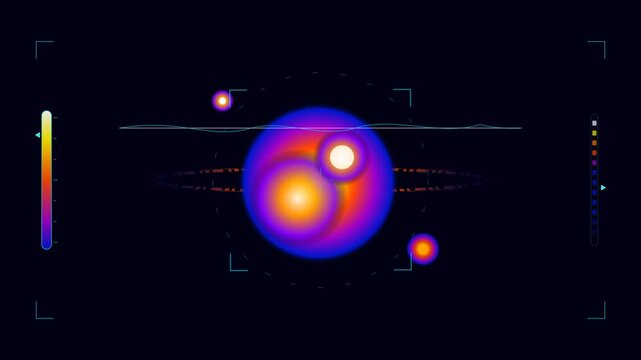 Abstract scientific visualization of a planet system with heat map data.