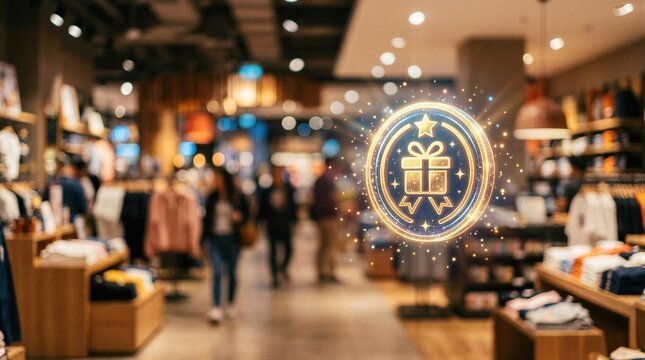 Glowing gift box icon floating in a modern clothing store. Digital e-commerce concept representing retail loyalty program, shopping reward or holiday promotion in a physical marketplace.