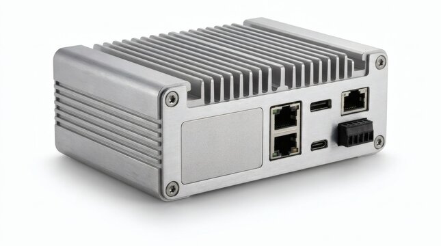 Robust and compact industrial mini PC with an aluminum fanless design, featuring multiple connectivity ports, ideal for demanding embedded computing applications and edge processing environments