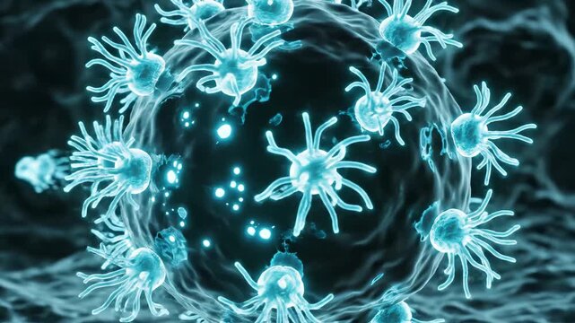 Microscopic view of cells and bacteria