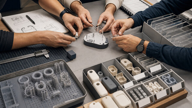 Several people work together at a design table. They are focused on assembling and discussing product prototypes. Tools and materials are organized neatly on the table.