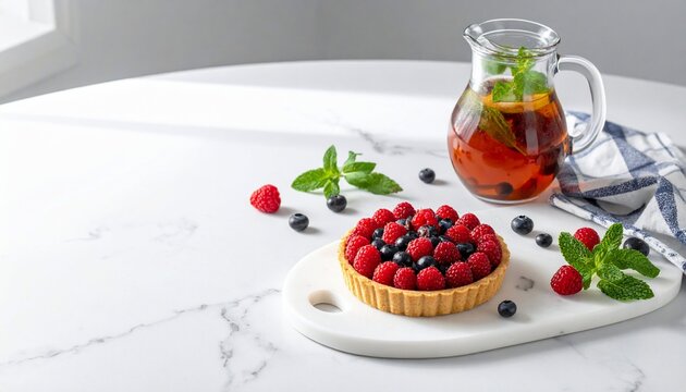 Raspberry and blueberry tart with iced tea on marble tabletop.