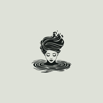 illustration of a beautiful woman's face emerging from calm water ripples, featuring closed eyes and flowing wavy hair