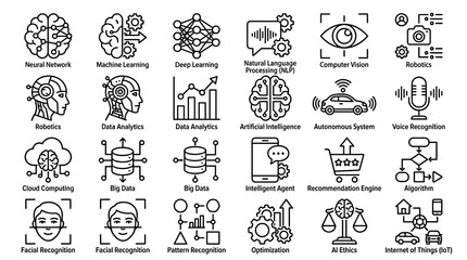 Obraz premium Artificial Intelligence and Machine Learning Icon Set with Computer Vision, Facial Recognition and Data Science Symbols