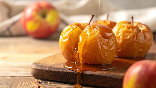 Baked apples with caramel drizzle on a wooden board. Blurred apples in background