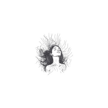Hand drawn ink sketch illustration of a beautiful young woman floating or lying down with long hair spreading out, serene facial expression, isolated on white background.