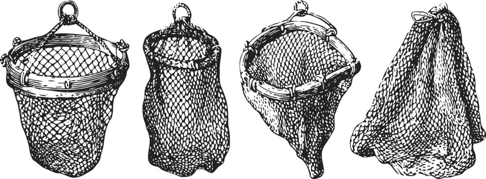 vintage fishing nets illustration set hand drawn aquatic equipment tools