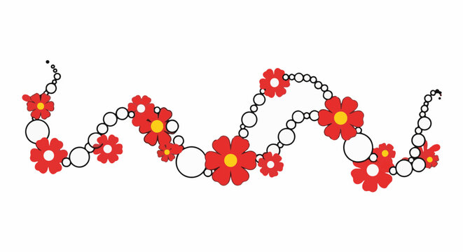 A chain of red flowers with yellow centers linked by white circles on a white background