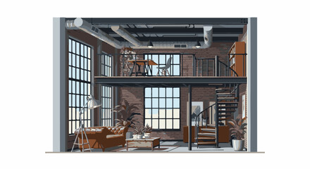 Industrial loft interior with exposed brick, metal stairs, and large windows © arhi
