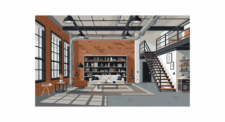 Industrial loft apartment with exposed brick, large windows, and mezzanine © arhi