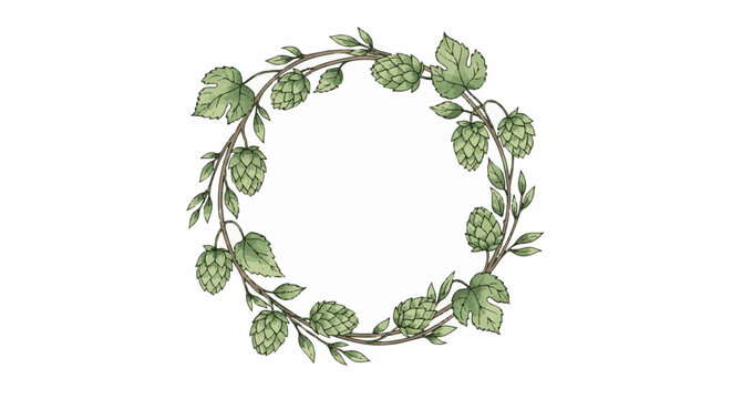 Hand-drawn circular frame of hop vines with cones and leaves