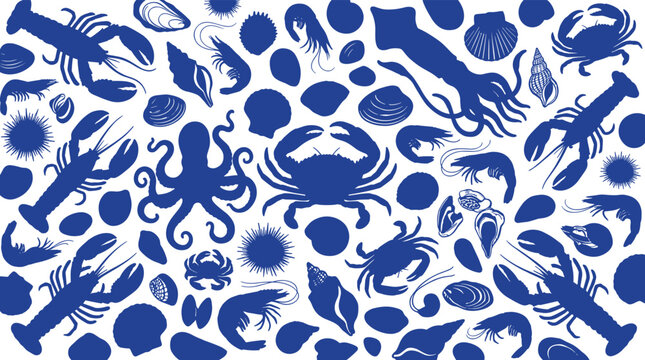 Seafood seamless pattern featuring blue silhouettes of lobster crab shrimp octopus squid over white