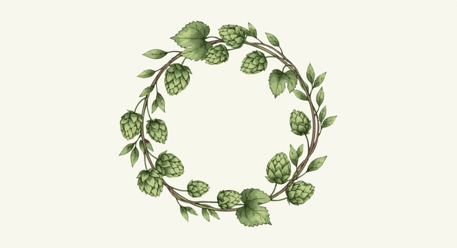 Delicate wreath of green hop cones and leaves on a pale background
