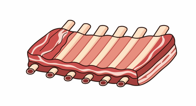 A cartoon rack of raw ribs, with visible bones and layers of meat and fat