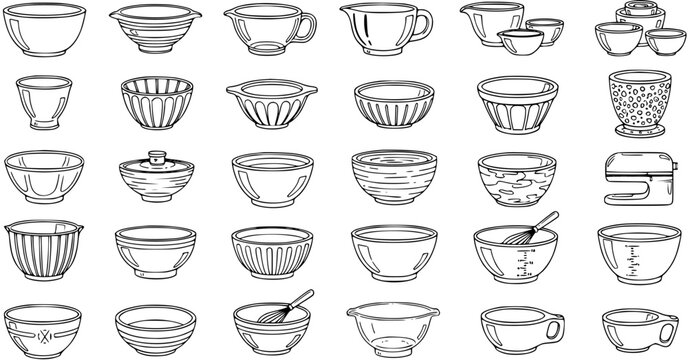 Kitchen Mixing Bowls and Baking Utensils Line Art Vector Icons Set for Food Preparation, Cooking, and Serving