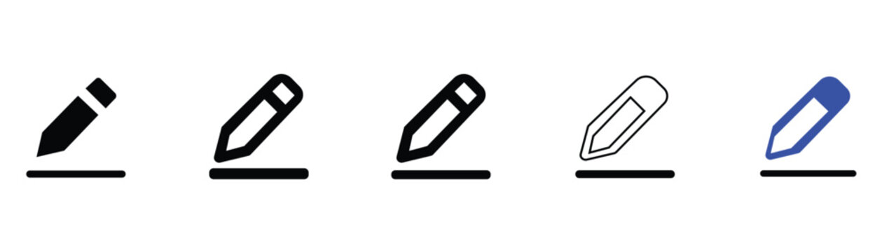 Minimalist pencil edit icon set, five linear and solid writing symbols, black and blue drafting vector icons for web interface design