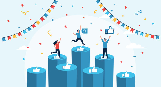People standing on tall blue platforms celebrating with like icons and colorful streamers in a festive atmosphere.