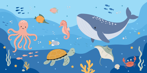 Underwater ocean life banner featuring blue whale octopus sea turtle seahorse stingray and crab swimming among coral reefs for website headers nursery wallpaper and educational prints © Jennie