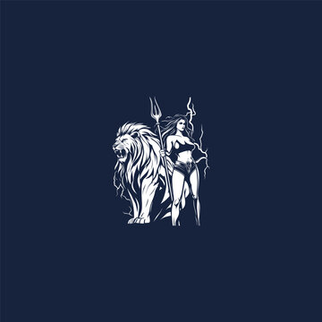 Mythological warrior woman standing with a trident spear alongside a roaring lion, hand-drawn engraving style vector illustration