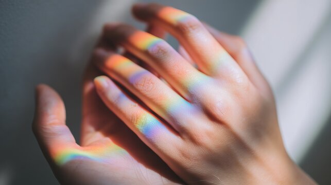 Close-up of hands with rainbow prism reflections on soft skin texture
