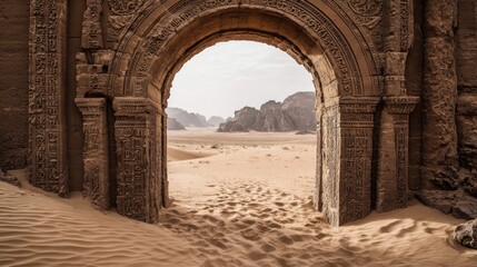 Fototapeta premium Ancient stone archway frames desert landscape with sand dunes