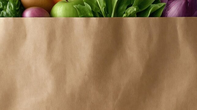 Close-up of a brown paper bag filled with various fruits and vegetables. the bag appears to be made of a sturdy material and has a smooth texture.