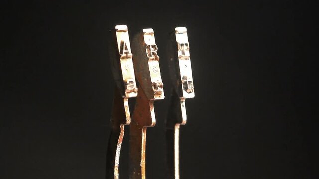The word ART with vintage typewriter hammers isolated on black 