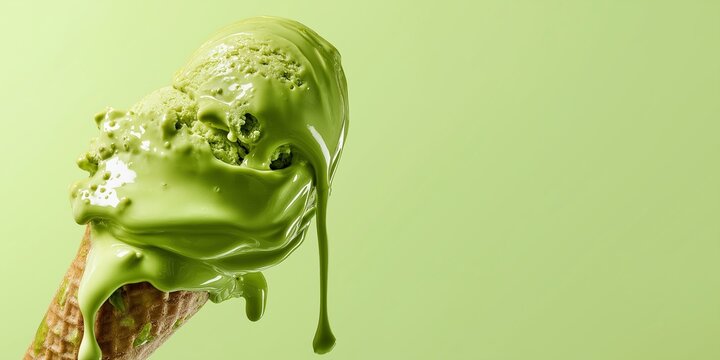 Melting matcha ice cream dripping in sunlight, glossy and creamy