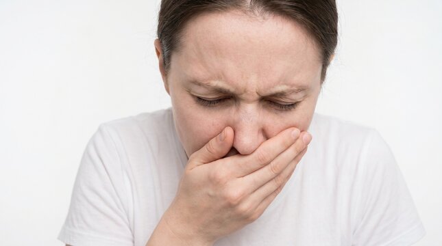 Close-up of a woman looking nauseous or disgusted, covering her mouth with her hand against a plain white background.