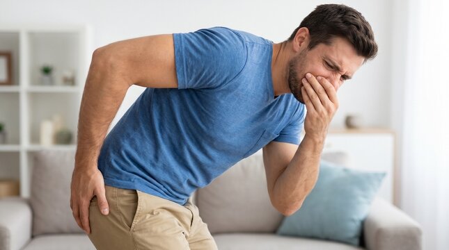 A man in a blue t-shirt is holding his nose and bending over, appearing to be disgusted or nauseated by something.