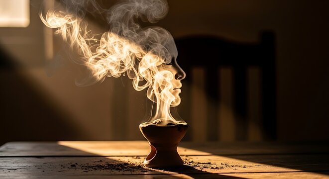 Profile of a human face formed from incense smoke rising on a table