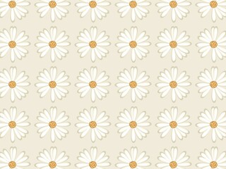 Pattern of daisy flowers (Bellis perennis) arranged in evenly spaced rows on a beige background. Each daisy features white petals and a yellow center. The design is simple and repetitive, creating a s © ALEXO444