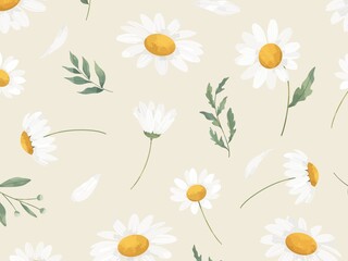 Seamless floral pattern featuring white daisies (Bellis perennis) with yellow centers, interspersed with green leaves on a beige background. The arrangement includes full and side-view daisies, along  © ALEXO444