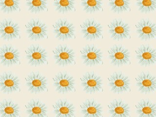 Repeating pattern of hand-painted daisies (Bellis perennis) with white petals and vibrant yellow centers. Arranged in evenly spaced rows on a light beige background, creating a simple and harmonious d © ALEXO444