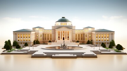Fototapeta premium Modern Civic Center Building with Grand Entrance and Reflective Pool in Bright Daylight