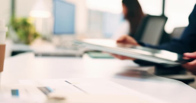 Closing, hands and laptop with business man at desk in workplace for complete task or typing. Computer, done and schedule with employee person in coworking office for end of assignment or job