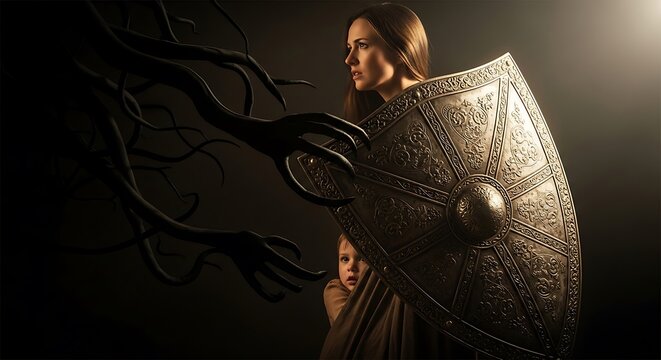 Protective mother guarding her child from dark spirits with a metal shield