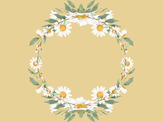 A circular floral wreath composed of daisies (Bellis perennis) with white petals and yellow centers, interspersed with green leaves and delicate pink buds. The wreath forms a symmetrical design on a b © ALEXO444