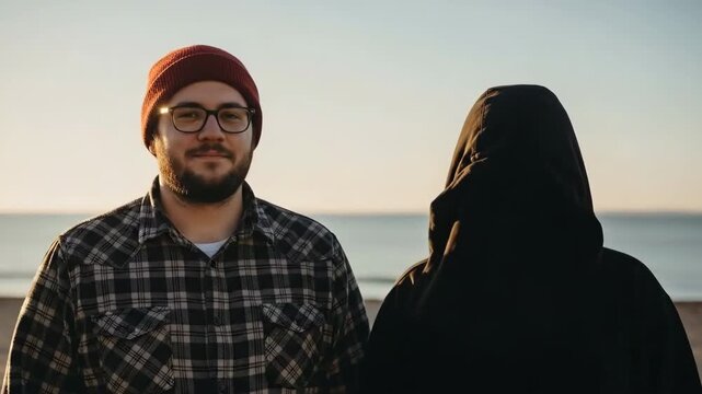 A smiling man in a plaid shirt standing beside someone wearing a hoodie