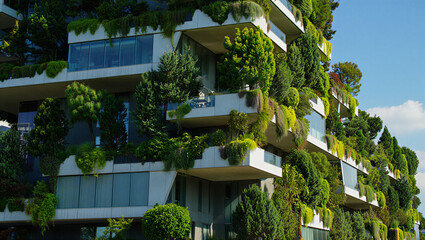 Modern residential building facade featuring vertical forest with balconies covered in lush green trees, shrubs, and various plants © JAHANARA BEGUM