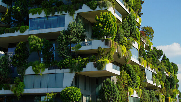 Modern residential building facade featuring vertical forest with balconies covered in lush green trees, shrubs, and various plants