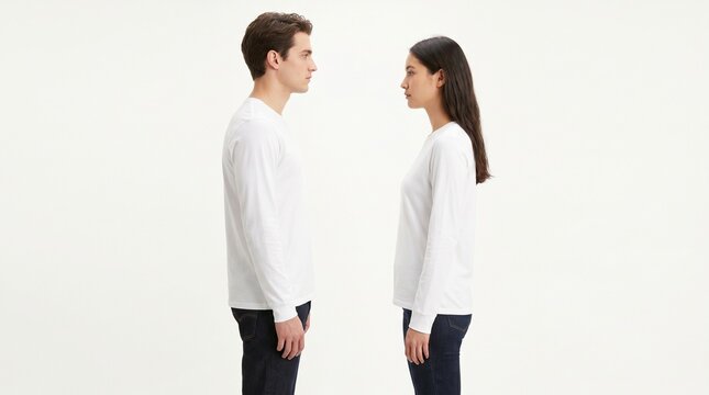 A man and a woman stand facing each other in white long-sleeved shirts and dark jeans against a white background.