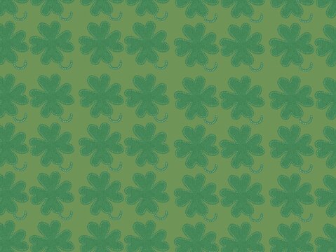 Repeating pattern featuring green four-leaf clovers on a light green background. Each clover has a dotted texture with small lines accentuating the leaves. Interspersed among the clovers are small rep