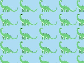 A seamless pattern featuring cartoon dinosaurs, specifically green sauropods, on a light blue background. The dinosaurs, resembling Brachiosaurus with long necks, have spots and small triangular spike © ALEXO444