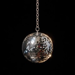 Obraz premium A reflective mirrored ball hangs from a metal chain on a dark background
